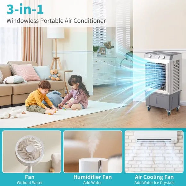 3 In 1 Portable Evaporative Cooler,Indoor,Outdoor,2353CFM Personal Air Cooler,7.9 Gal Large Water Tank & Scroll Casters, 4 Ice Packs,White, Manual Control