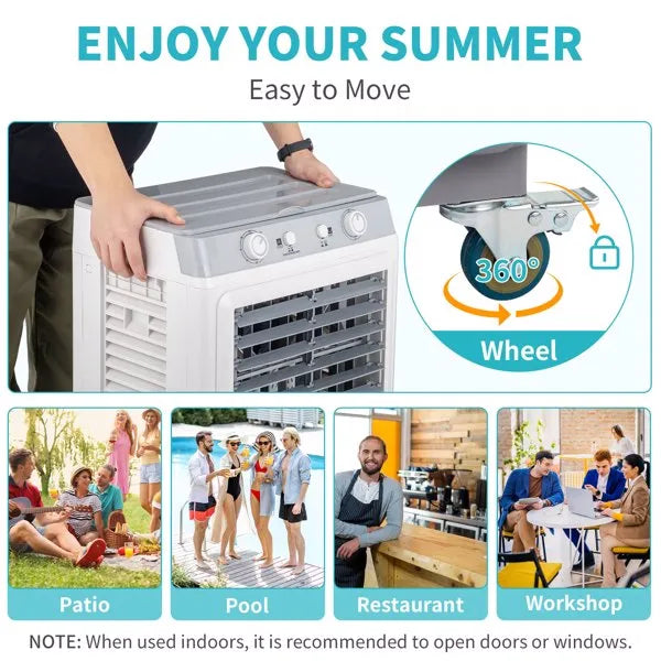 3 In 1 Portable Evaporative Cooler,Indoor,Outdoor,2353CFM Personal Air Cooler,7.9 Gal Large Water Tank & Scroll Casters, 4 Ice Packs,White, Manual Control