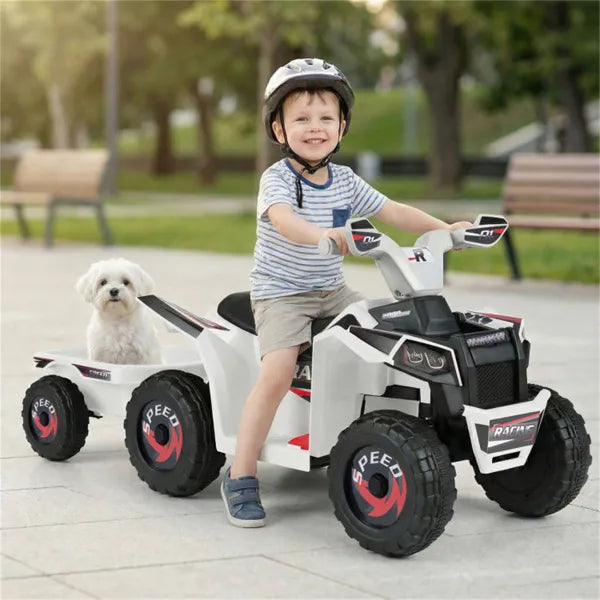 2 In 1 Kids Ride On ATV With Removable Trailer, 6V Electric Quad For Toddlers Ages 3+ White