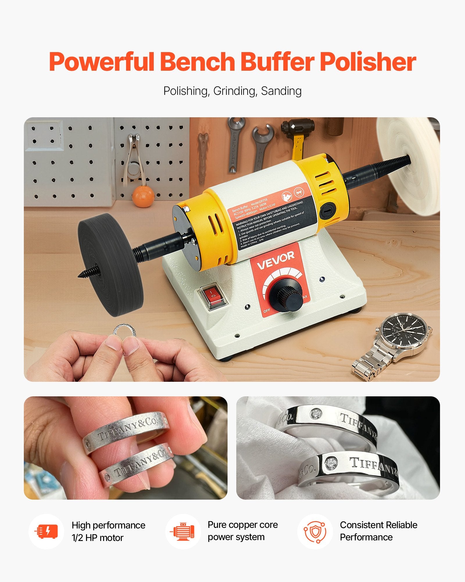 Bench Buffer Polisher, 1/2HP Polishing Buffing Machine, 0 To 8000RPM Benchtop Polisher Grinder With 4" Cloth Wheel, 3" Grinding Wheel & 3" Fiber Wheel For Metal, Jewelry, Wood And Plastic