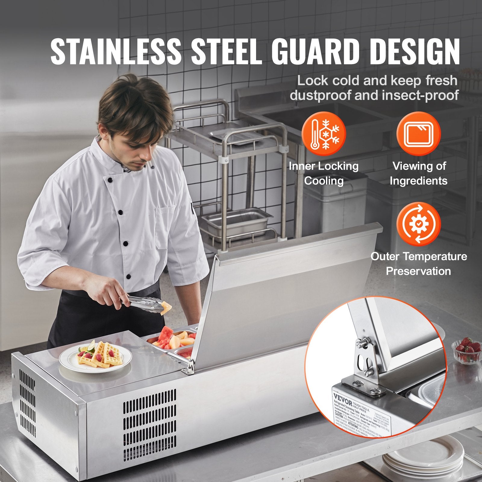 Refrigerated Condiment Prep Station, 130 W Countertop Refrigerated Condiment Station, With 1 1/3 Pan & 4 1/6 Pans, 304 Stainless Body And PC Lid, Sandwich Prep Table With Stainless Guard, ETL
