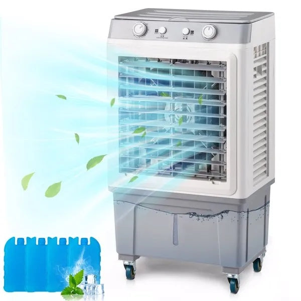 3 In 1 Portable Evaporative Cooler,Indoor,Outdoor,2353CFM Personal Air Cooler,7.9 Gal Large Water Tank & Scroll Casters, 4 Ice Packs,White, Manual Control