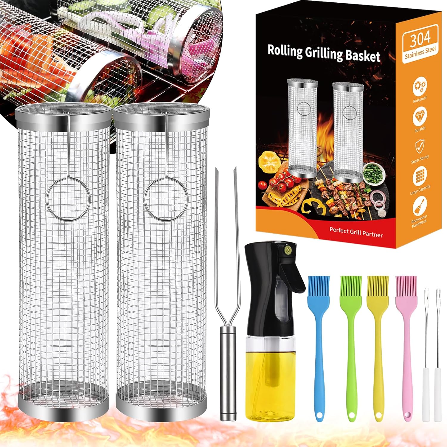 Rolling Grill Basket BBQ Set – 304 Stainless Steel, 10-Piece Grilling Kit