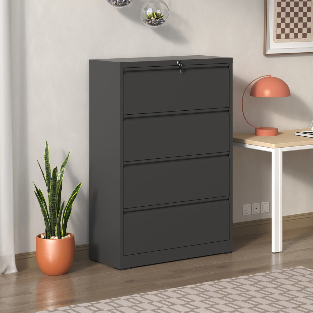 Lateral File Cabinet 4 Drawer, Black Filing Cabinet With Lock, Lockable File Cabinet For Home Office, Locking Metal File Cabinet For Legal Letter A4  F4 Size