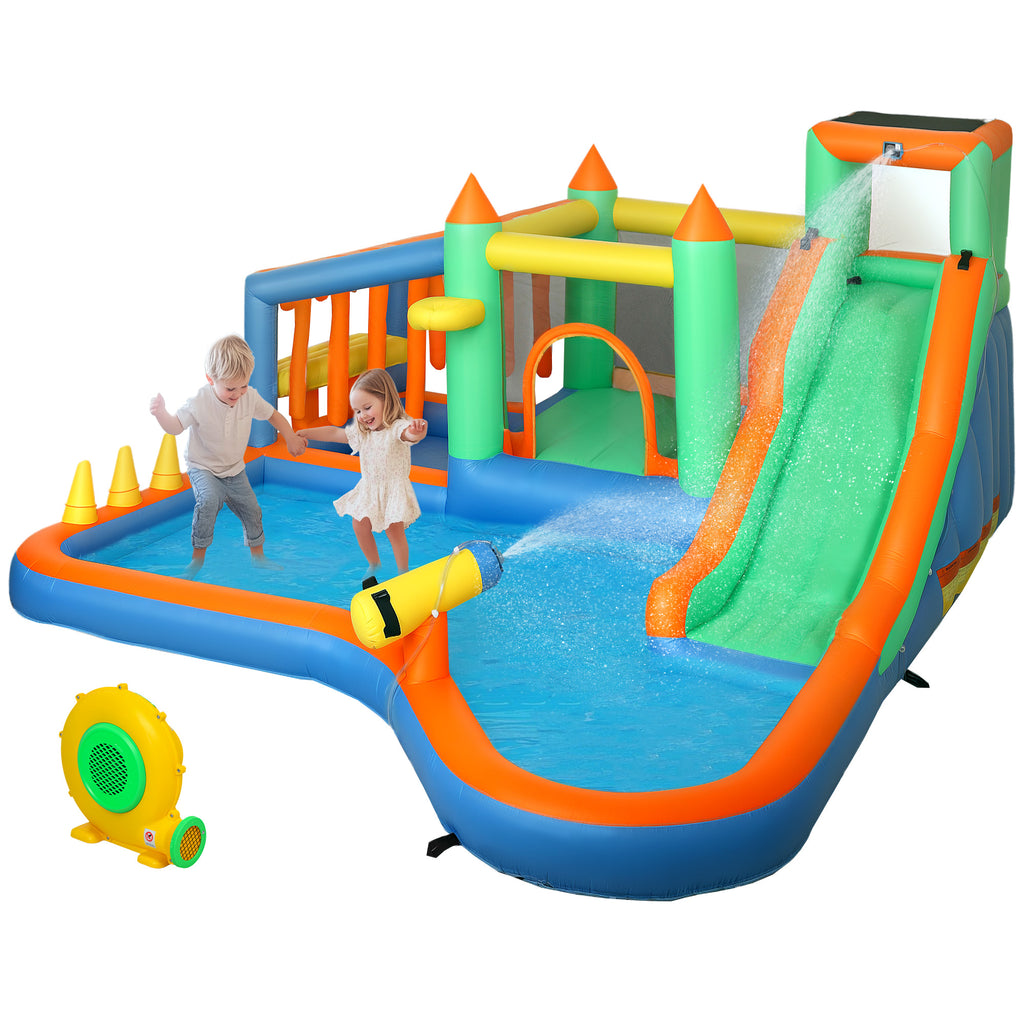 8 in 1 Inflatable Bounce House Water Slide with 550W High Power Blower, for 3-8 Years