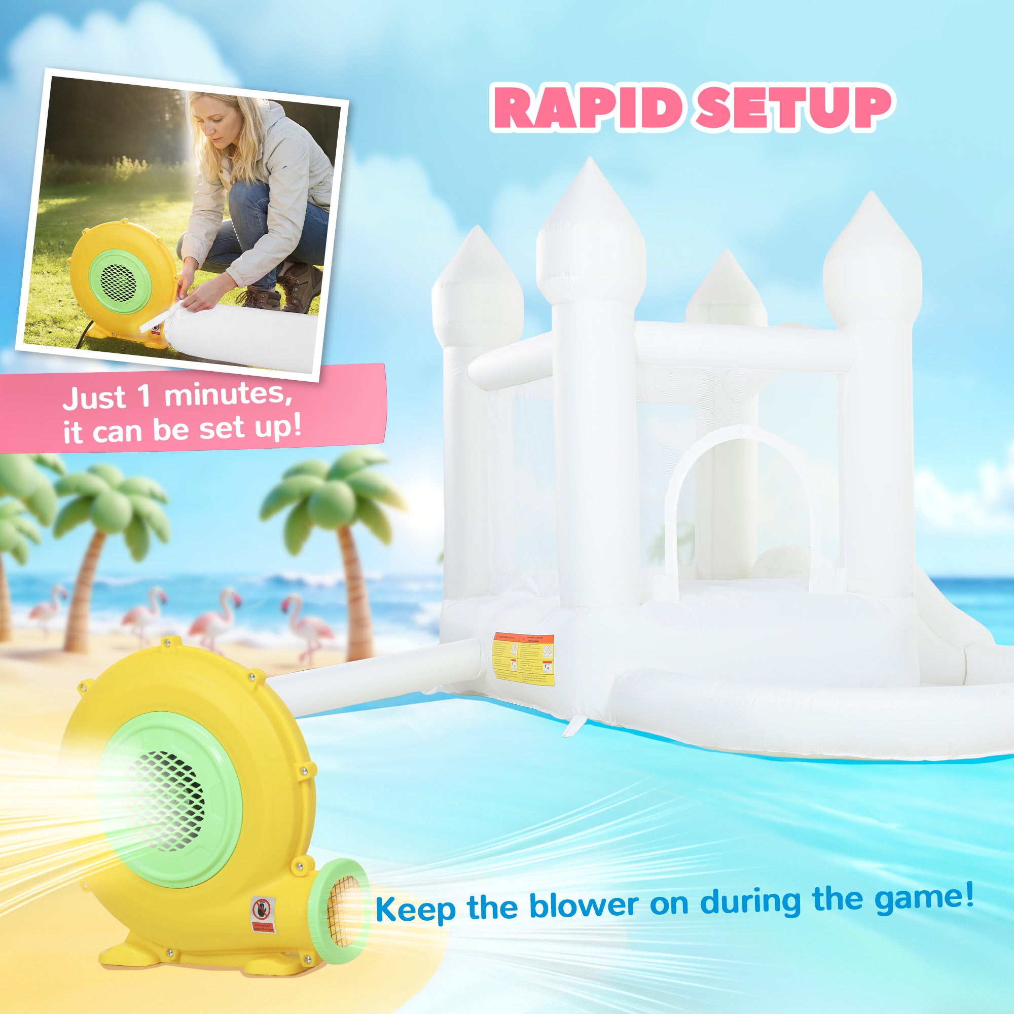 Inflatable Bounce House, 3-in-1 White Castle Bouncy House with Slide, Ball Pit and 370W Blower for Kids Ages 3-8, White