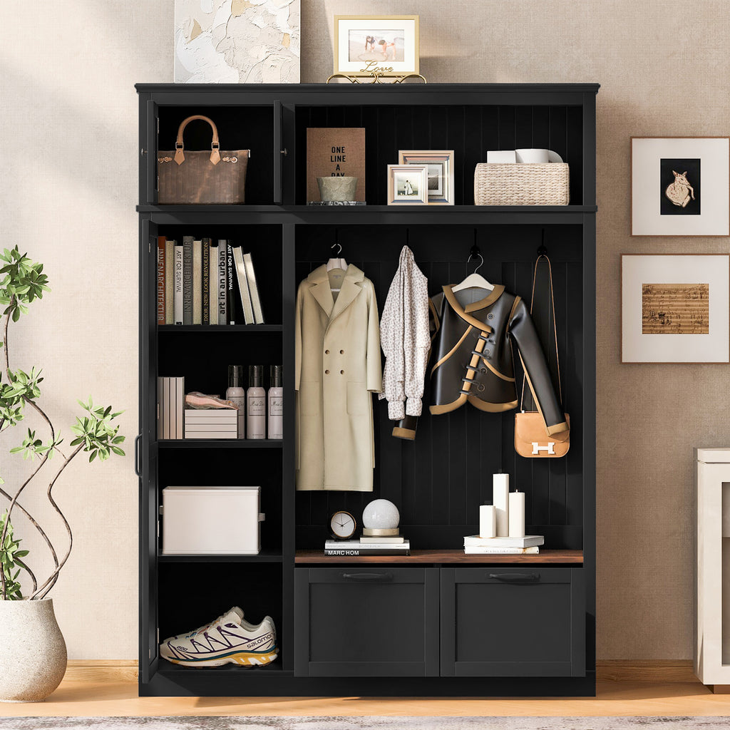 3-in-1 Hall Tree With Overhead Storage Cabinet, 3 Adjustable Side Shelves, 4 Heavy-Duty Hooks, 2 Spacious Drawers, Grooved Back Panel Design, Contrasting Seat Bench, Multifunctional Entryway Organizer