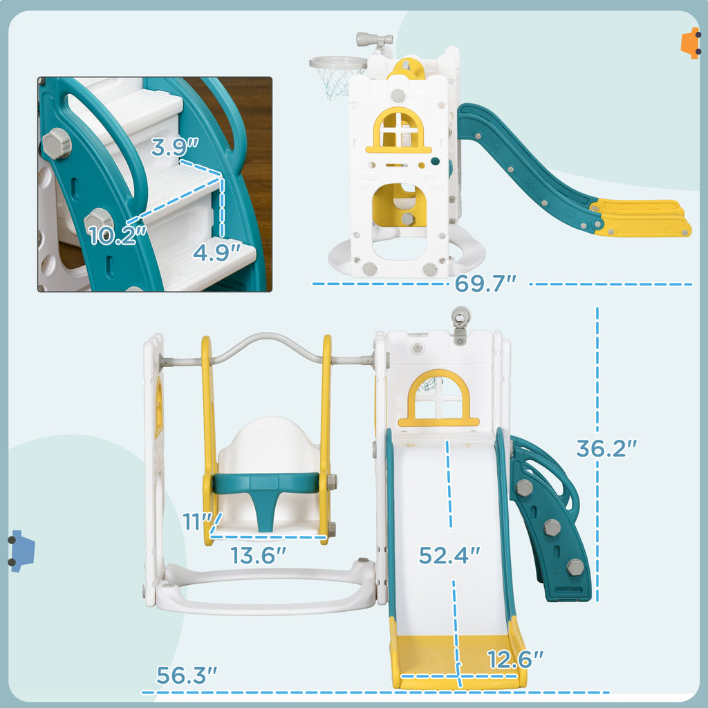 6 in 1 Toddler Slide and Swing Set Indoor for Age 1-3 Years w/ Basketball Hoop, Climber, Storage Telescope, Yellow