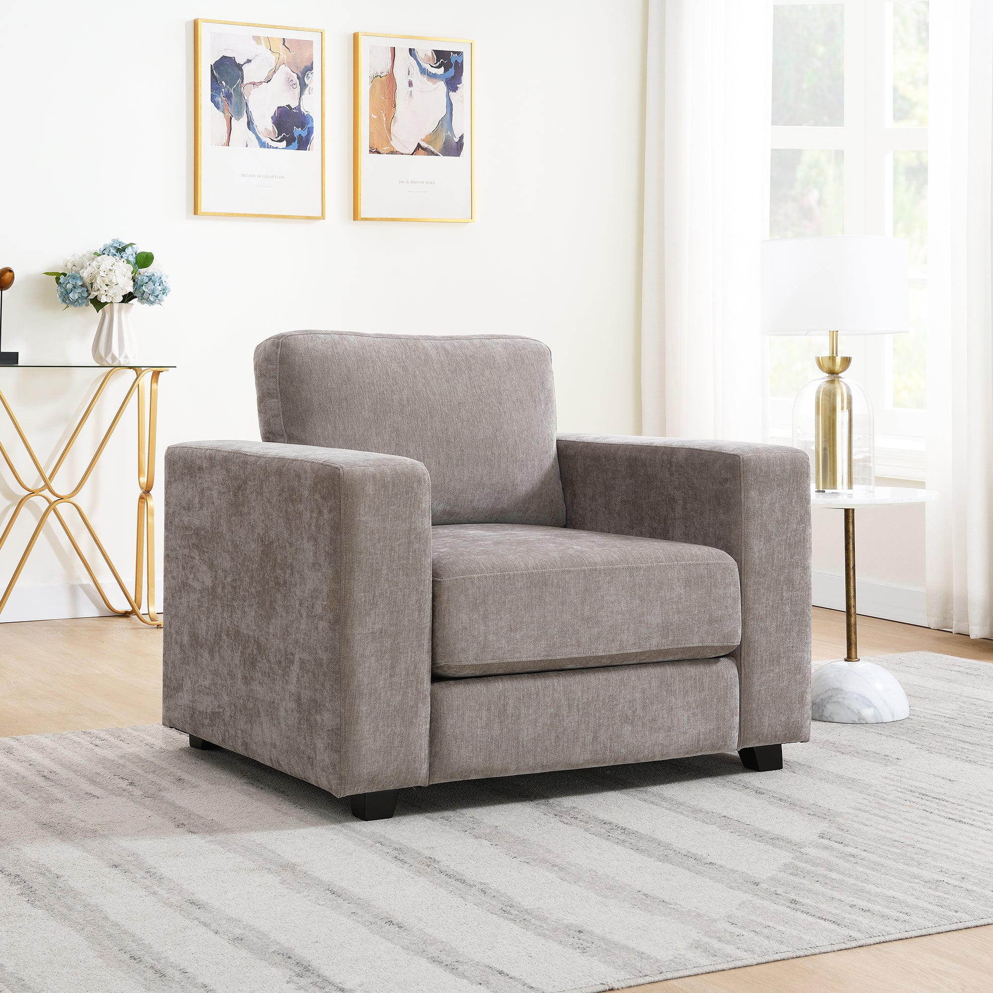 Oversized Accent Chair With Widen Arms, Chenille Fabric Modern Chair, Washable Covers, Comfy Upholstered Large Chair Armchair Sofa Chair Reading Chair For Living Room Bedroom Office, Light Brown