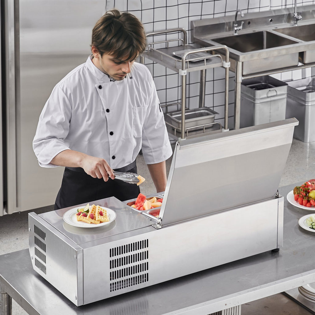 Refrigerated Condiment Prep Station, 130 W Countertop Refrigerated Condiment Station, With 1 1/3 Pan & 4 1/6 Pans, 304 Stainless Body And PC Lid, Sandwich Prep Table With Stainless Guard, ETL