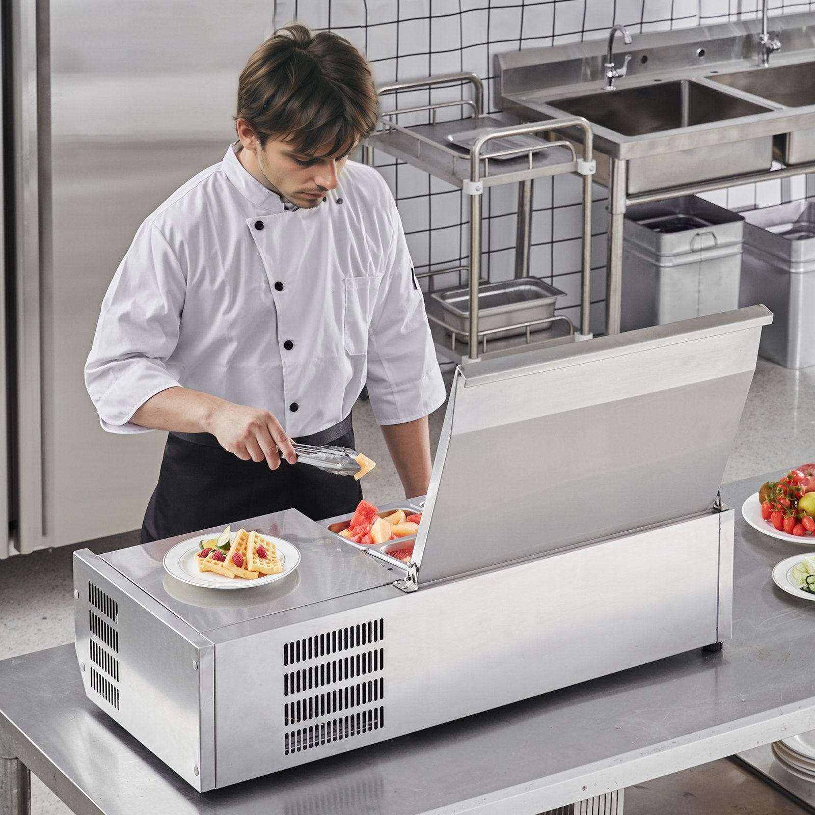Refrigerated Condiment Prep Station, 130 W Countertop Refrigerated Condiment Station, With 1 1/3 Pan & 4 1/6 Pans, 304 Stainless Body And PC Lid, Sandwich Prep Table With Stainless Guard, ETL