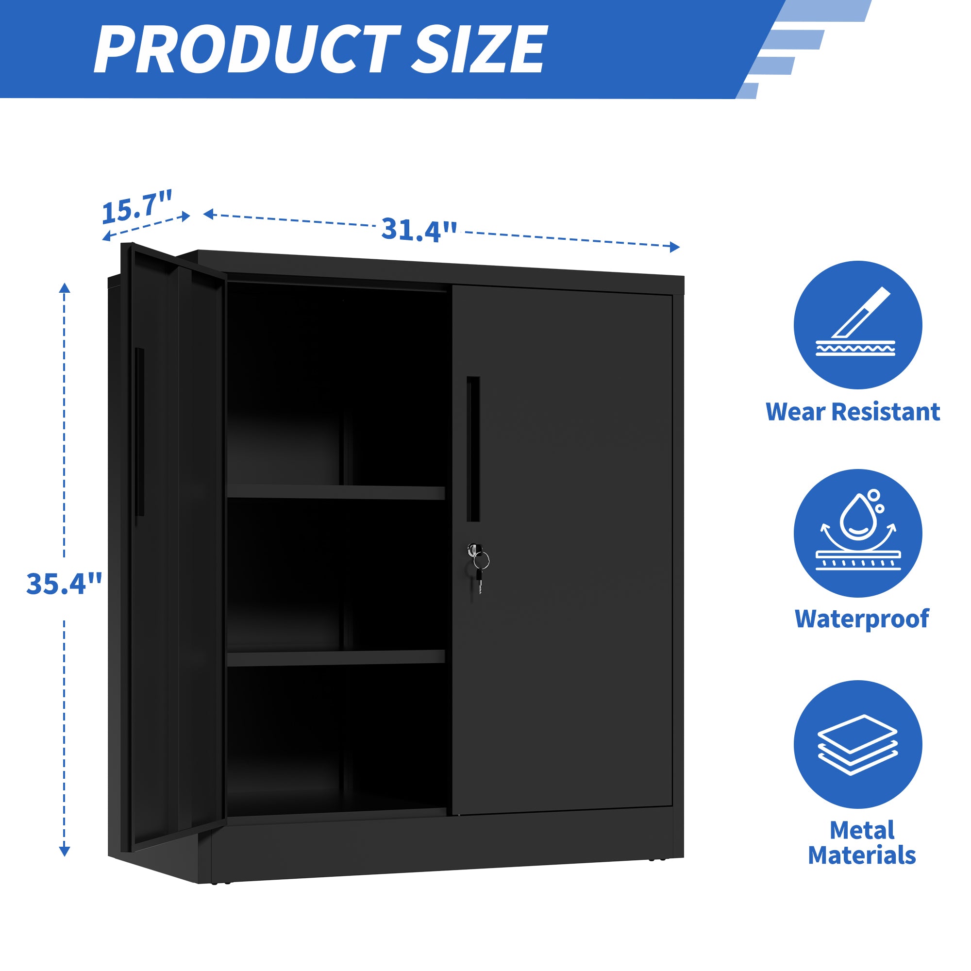 Metal Storage Cabinet With Lock, 2-Door Garage Storage Cabinet With 2 Adjustable Shelves, Heavy Duty Steel File Cabinet For Home, Office, Garage, School  Black, 35.4 H