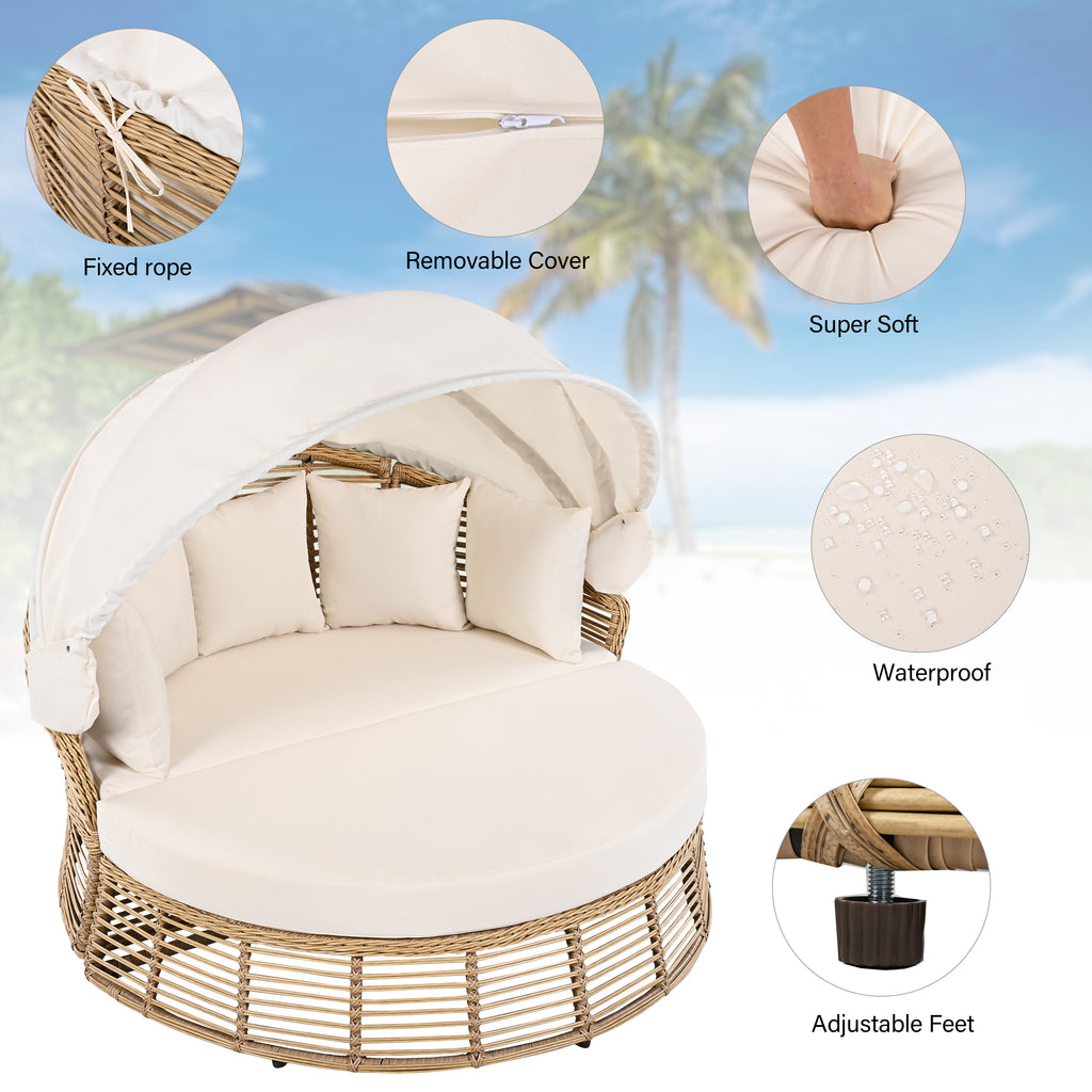 Outdoor Patio Rattan Round Daybed With Retractable Canopy, Wicker Furniture Round Poolside Sofa Sunbed With Removable Cushions, Backyard, Porch, Beige