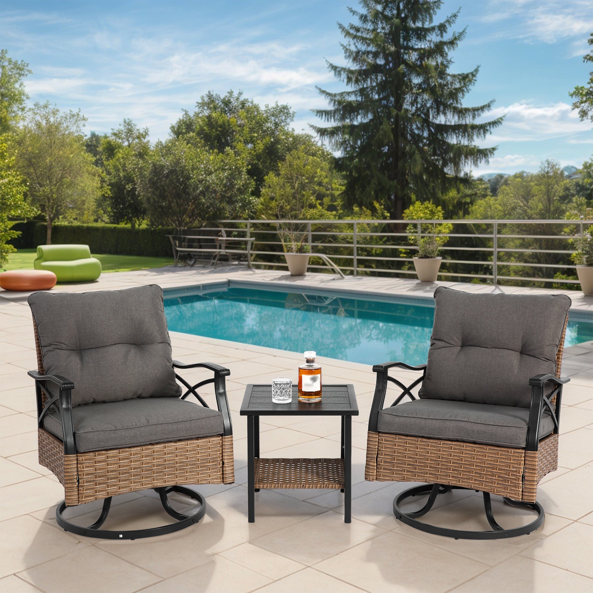 Outdoor Swivel Rocker Chairs Set 3 Piece With 1 Table And 2 Rocking & Swivel Chairs Support 350lbs Brown Wicker Outdoor Furniture Patio Conversation Set