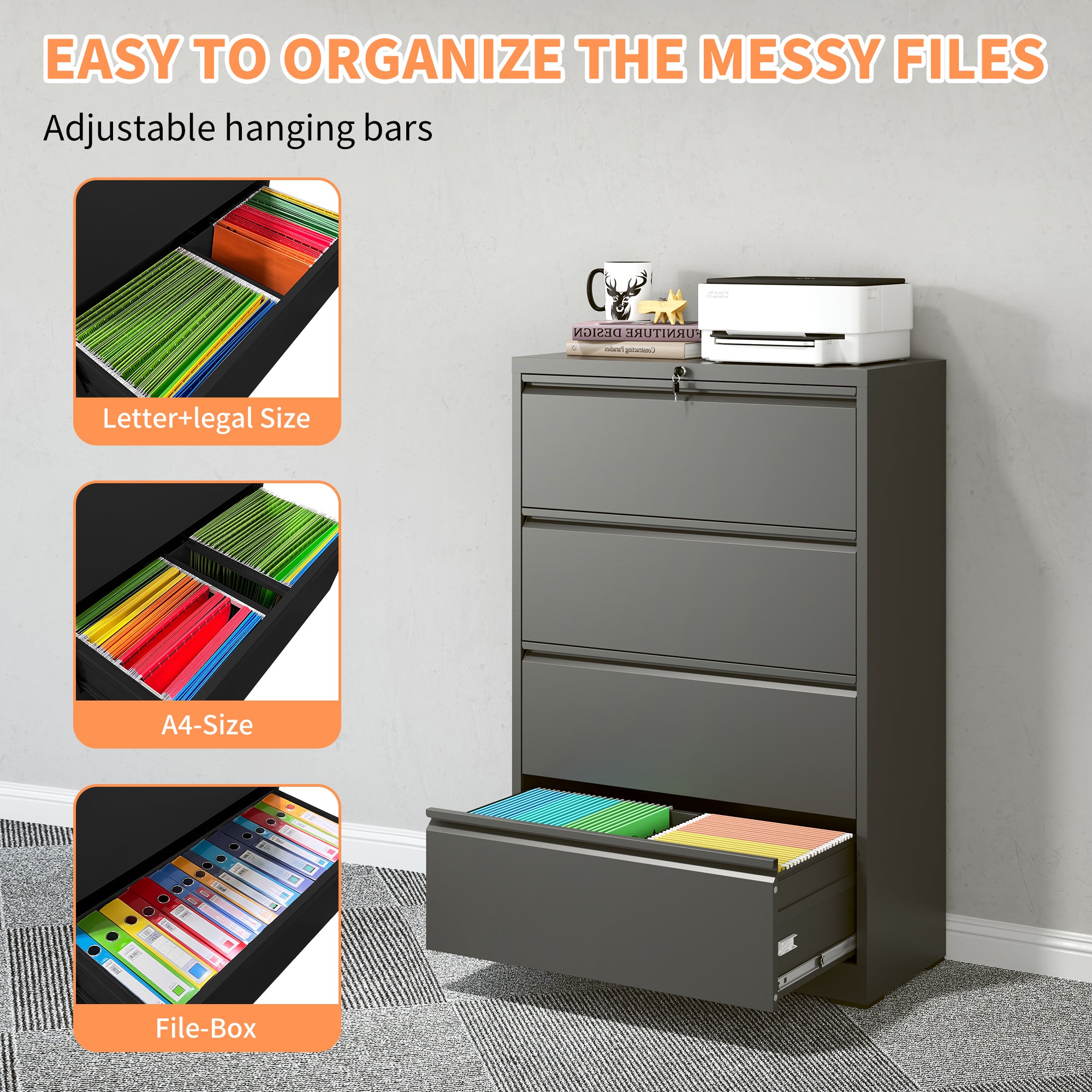 Lateral File Cabinet 4 Drawer, Black Filing Cabinet With Lock, Lockable File Cabinet For Home Office, Locking Metal File Cabinet For Legal Letter A4  F4 Size