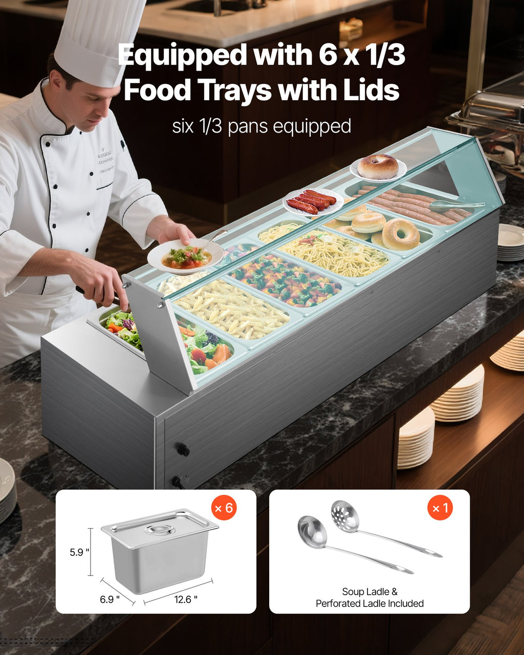 Commercial Food Warmer 6 X 1/3 Size Pans Buffet Bain Marie With Glass Cover
