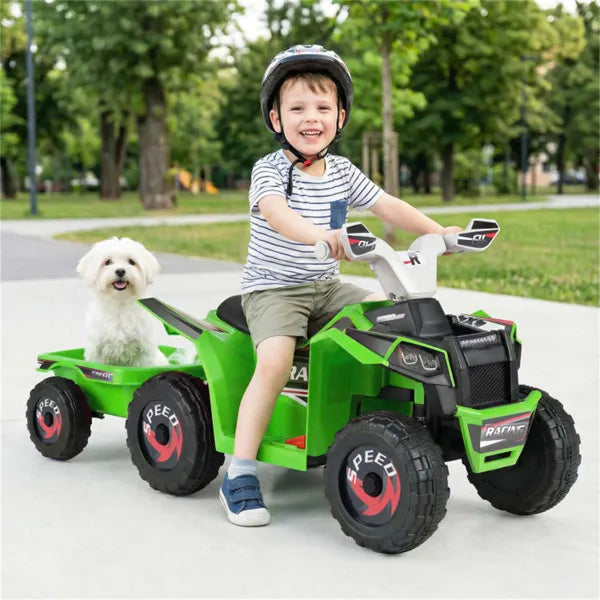 2 In 1 Kids Ride On ATV With Removable Trailer, 6V Electric Quad For Toddlers Ages 3+ Green