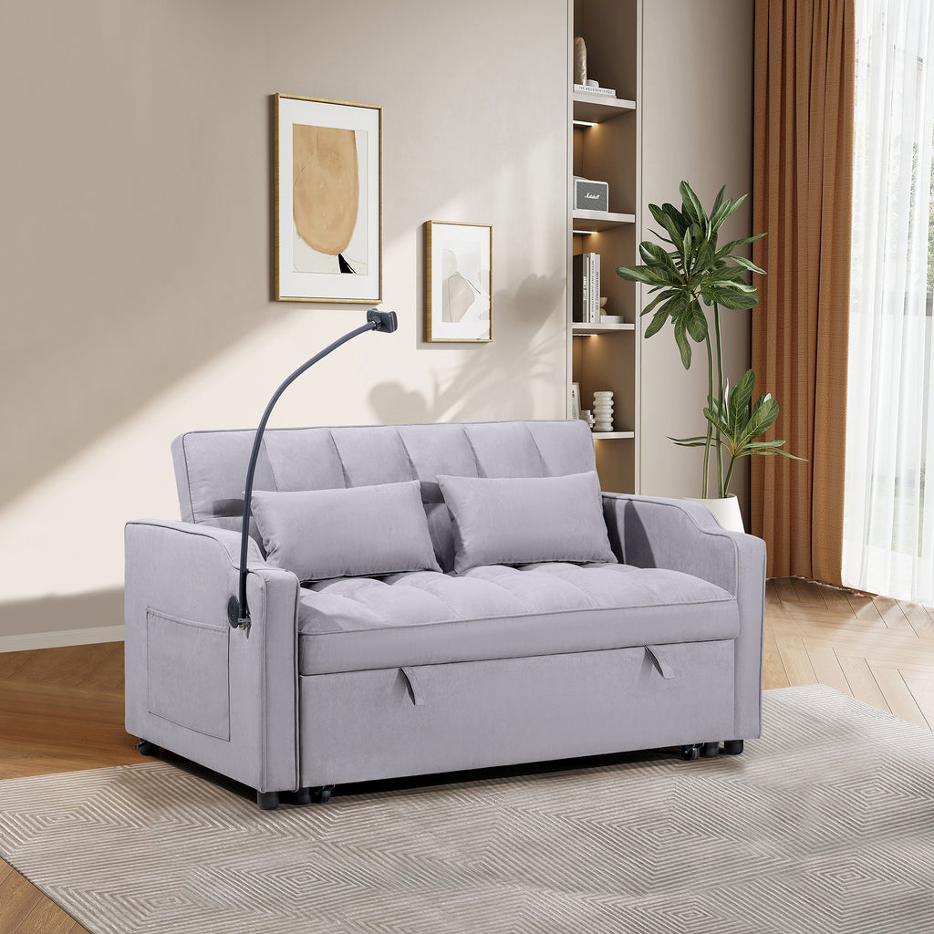 1 Multifunctional Foldable Sofa Bed With 3 Different Lengths, Modern Sofa, Upgraded Suede Fabric, Adjustable Backrest, Gray Color With USB Port And Rotating Telephone Stand