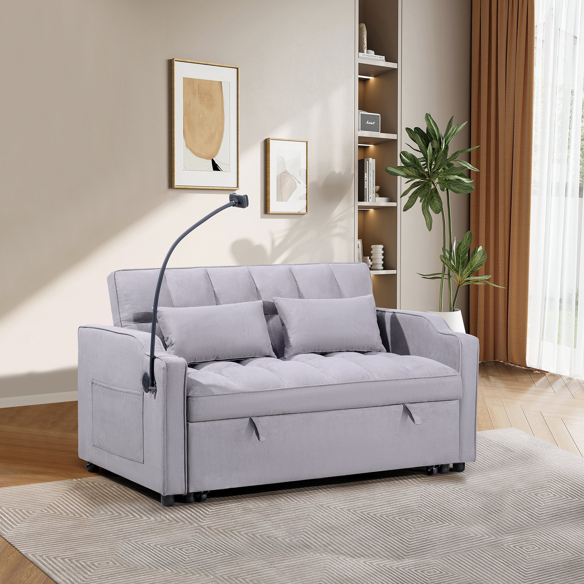1 Multifunctional Foldable Sofa Bed With 3 Different Lengths, Modern Sofa, Upgraded Suede Fabric, Adjustable Backrest, Gray Color With USB Port And Rotating Telephone Stand