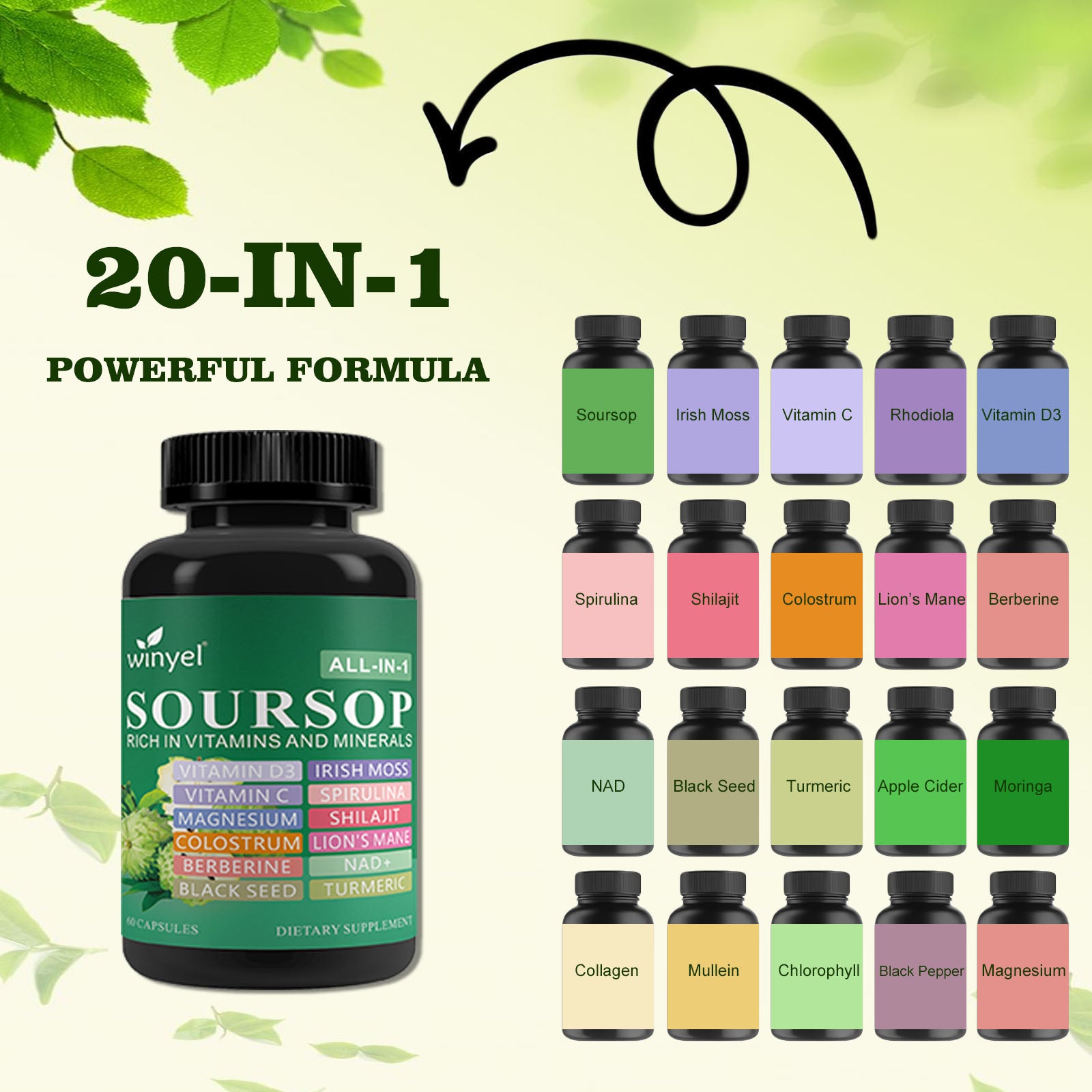 WINYEL Soursop Supplement – 60 Capsules, 20 Herbal Extracts, Vegan