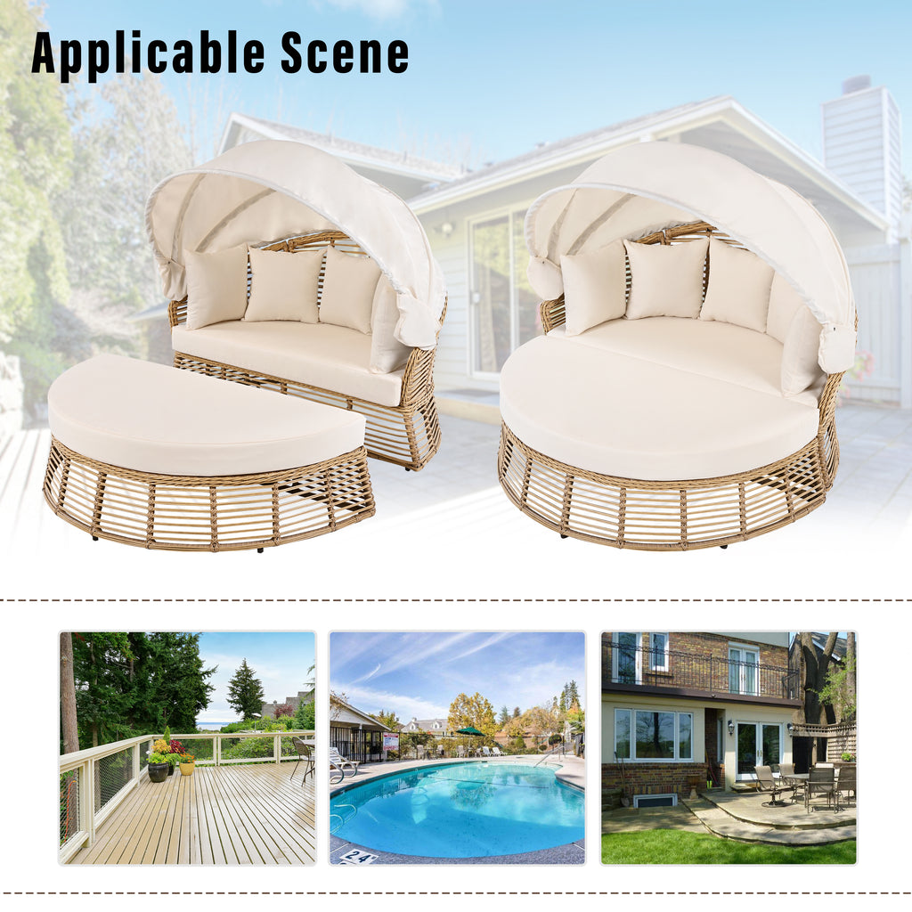 Outdoor Patio Rattan Round Daybed With Retractable Canopy, Wicker Furniture Round Poolside Sofa Sunbed With Removable Cushions, Backyard, Porch, Beige