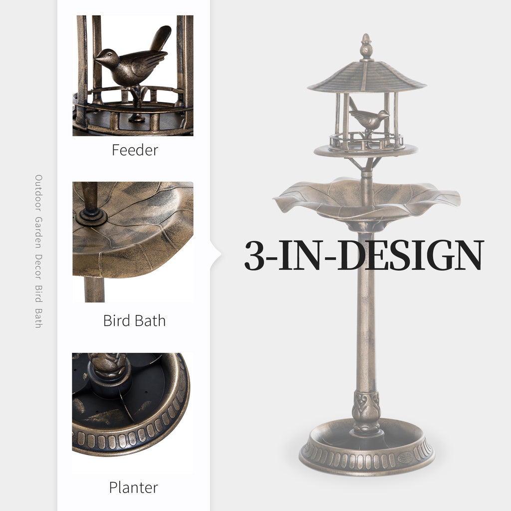 3-in-1 Garden Bird Bath Bowl Pedestal with Bird Feeder, Large Water Basin, Underneath Flower Planter, Bronze