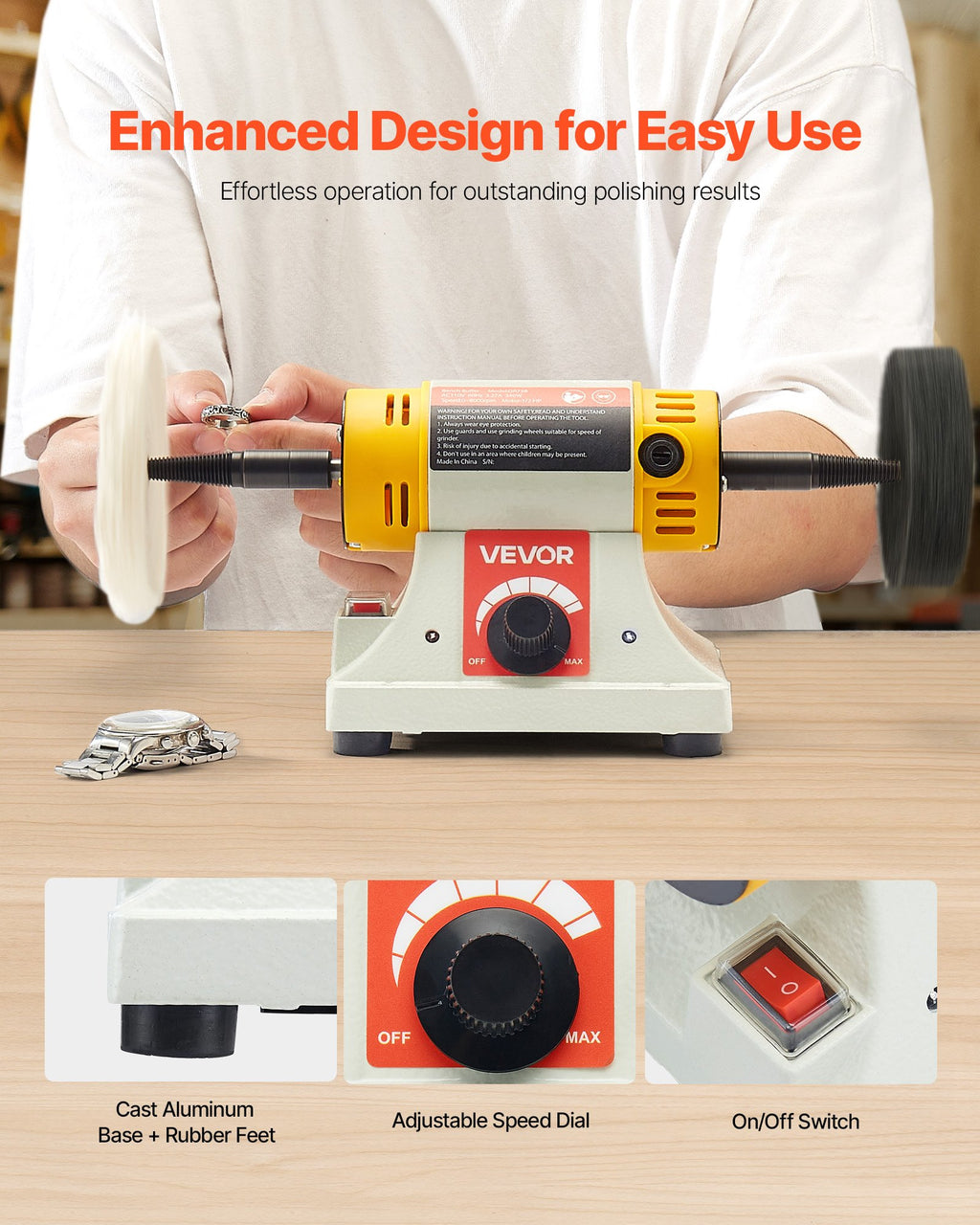 Bench Buffer Polisher, 1/2HP Polishing Buffing Machine, 0 To 8000RPM Benchtop Polisher Grinder With 4" Cloth Wheel, 3" Grinding Wheel & 3" Fiber Wheel For Metal, Jewelry, Wood And Plastic