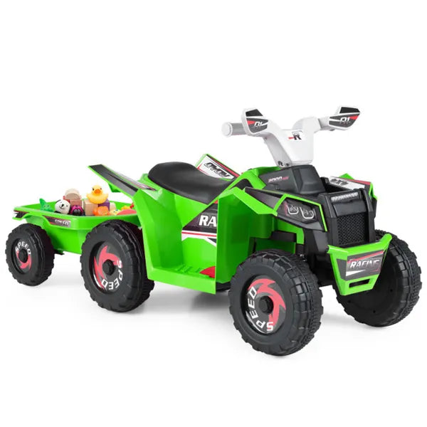 2 In 1 Kids Ride On ATV With Removable Trailer, 6V Electric Quad For Toddlers Ages 3+ Green