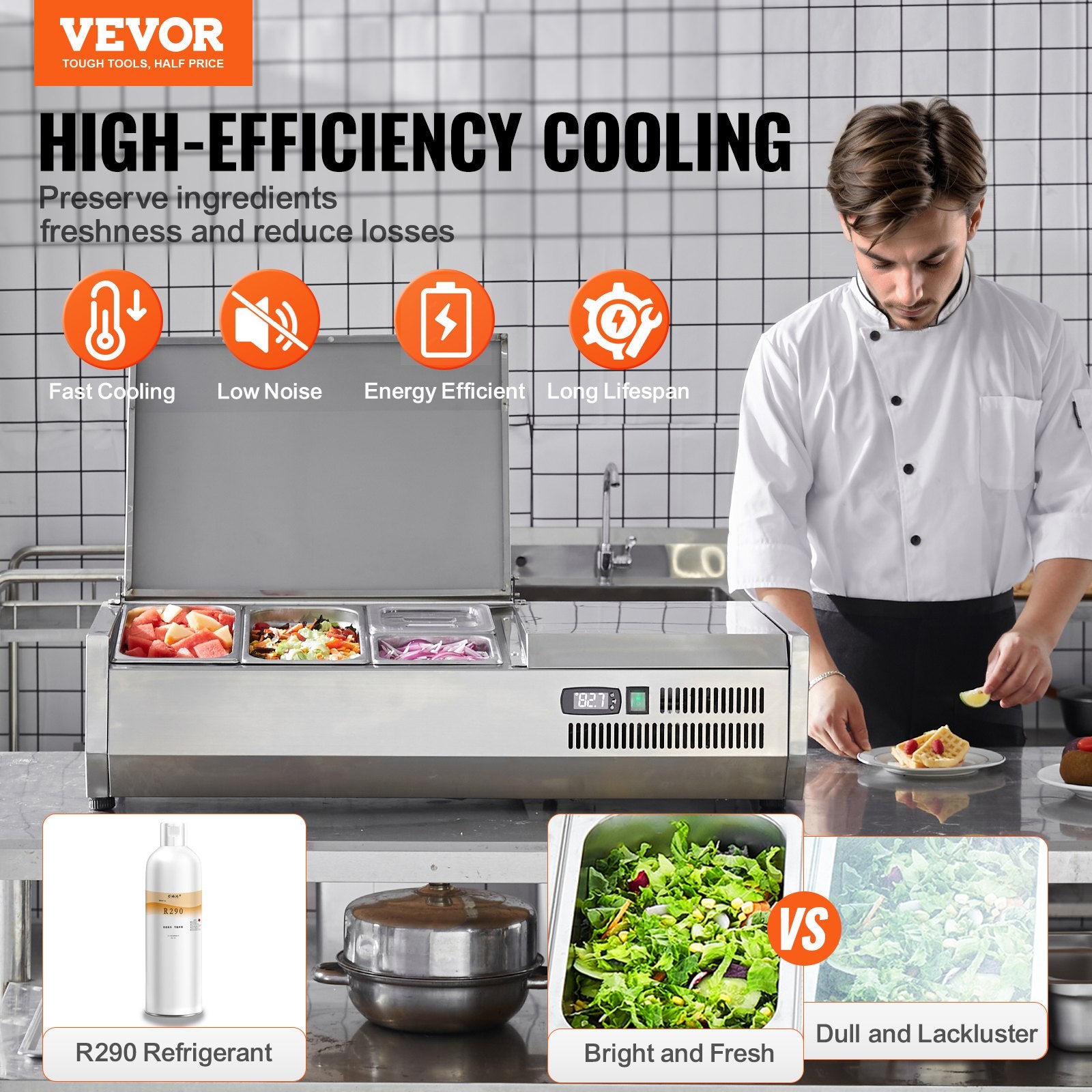 Refrigerated Condiment Prep Station, 130 W Countertop Refrigerated Condiment Station, With 1 1/3 Pan & 4 1/6 Pans, 304 Stainless Body And PC Lid, Sandwich Prep Table With Stainless Guard, ETL