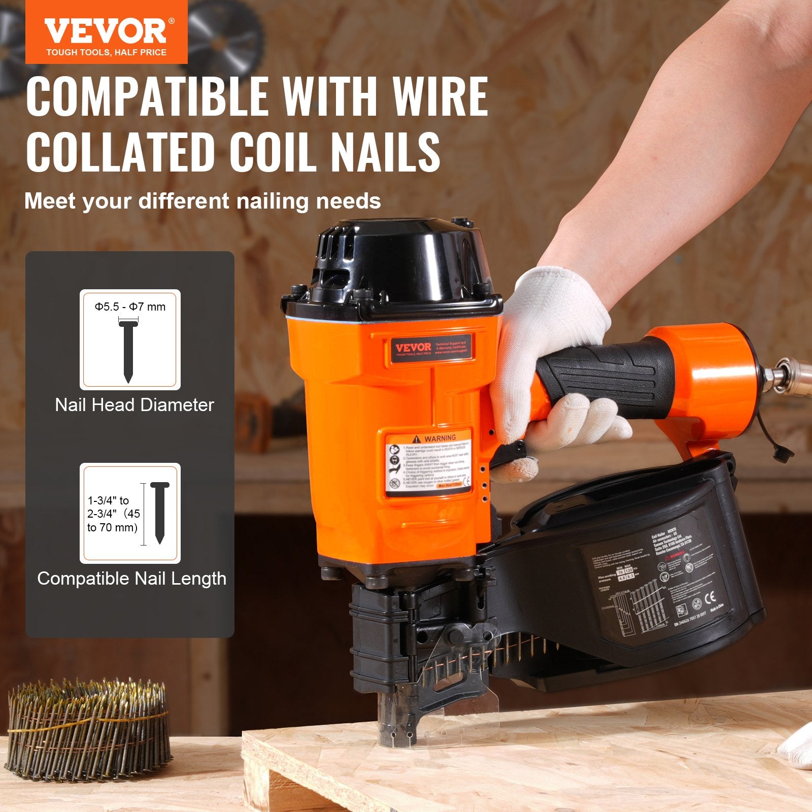 Coil Siding Nailer MCN70, 1-3/4" To 2-3/4" 15 Degree Pneumatic Siding Nail Gun, 70-120PSI Air Coil Nailer For Pallet, Crating, Framing, Siding And Fencing