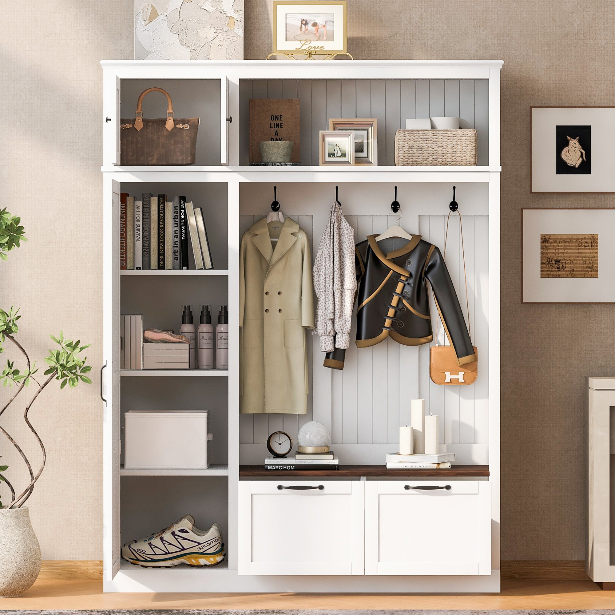 3-in-1 Hall Tree With Overhead Storage Cabinet, 3 Adjustable Side Shelves, 4 Heavy-Duty Hooks, 2 Spacious Drawers, Grooved Back Panel Design, Contrasting Seat Bench, Multifunctional Entryway Organizer