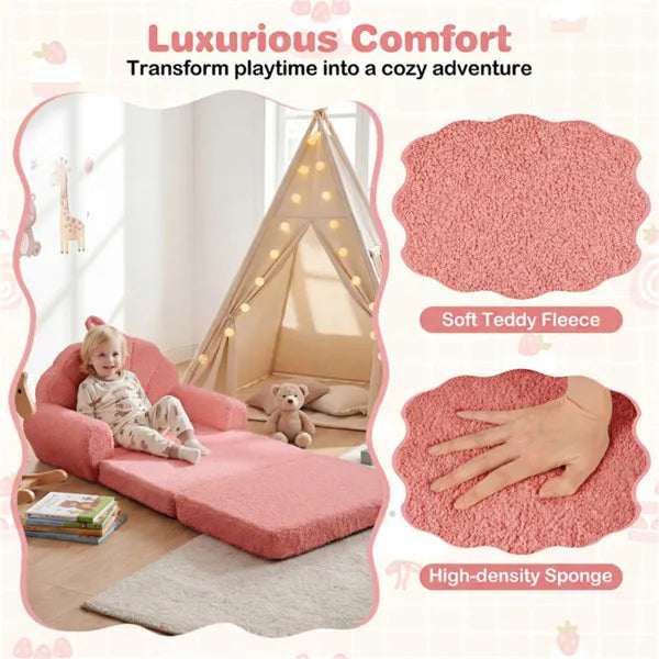 2-in-1 Flip Open Kids Sofa Lounger, Teddy Fleece Toddler Couch With Carry Handle For Ages 3+ (Pink)