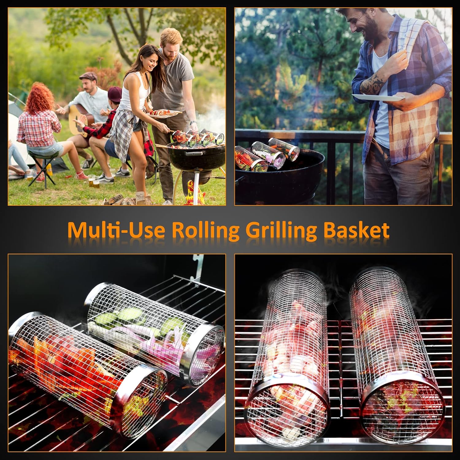 Rolling Grill Basket BBQ Set – 304 Stainless Steel, 10-Piece Grilling Kit