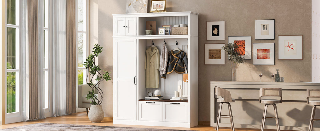 3-in-1 Hall Tree With Overhead Storage Cabinet, 3 Adjustable Side Shelves, 4 Heavy-Duty Hooks, 2 Spacious Drawers, Grooved Back Panel Design, Contrasting Seat Bench, Multifunctional Entryway Organizer