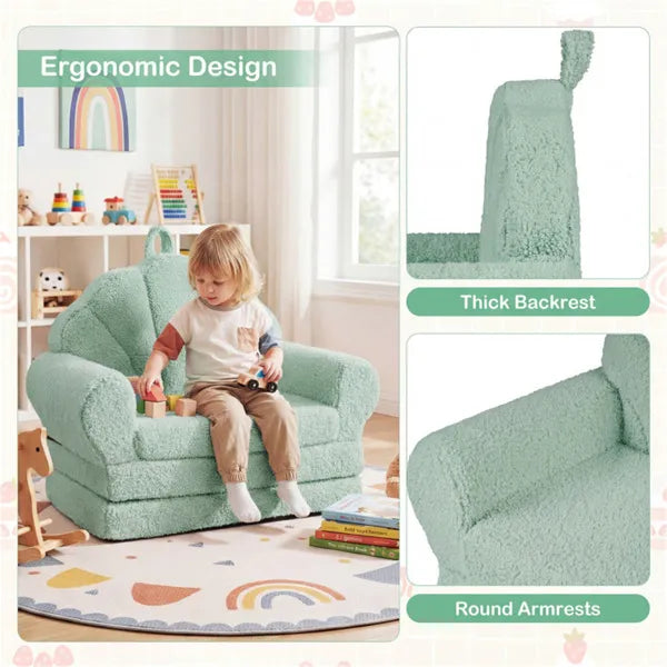2-in-1 Flip Open Kids Sofa Lounger, Teddy Fleece Toddler Couch With Carry Handle For Ages 3+ (Green)