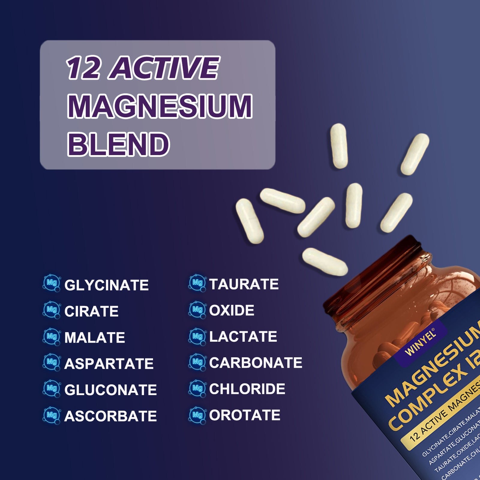 WINYEL Magnesium Complex 700mg 12 In 1 Magnesium Supplement With Glycinate, Citrate, Malate, Sleep, Calm, Muscle Relaxation, Heart Health Support, Vegan 120 Capsules