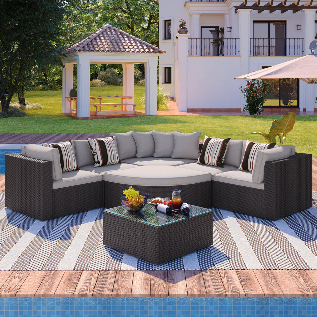 7-Piece Outdoor Wicker Sofa Set – Rattan Patio Furniture with Colorful Pillows