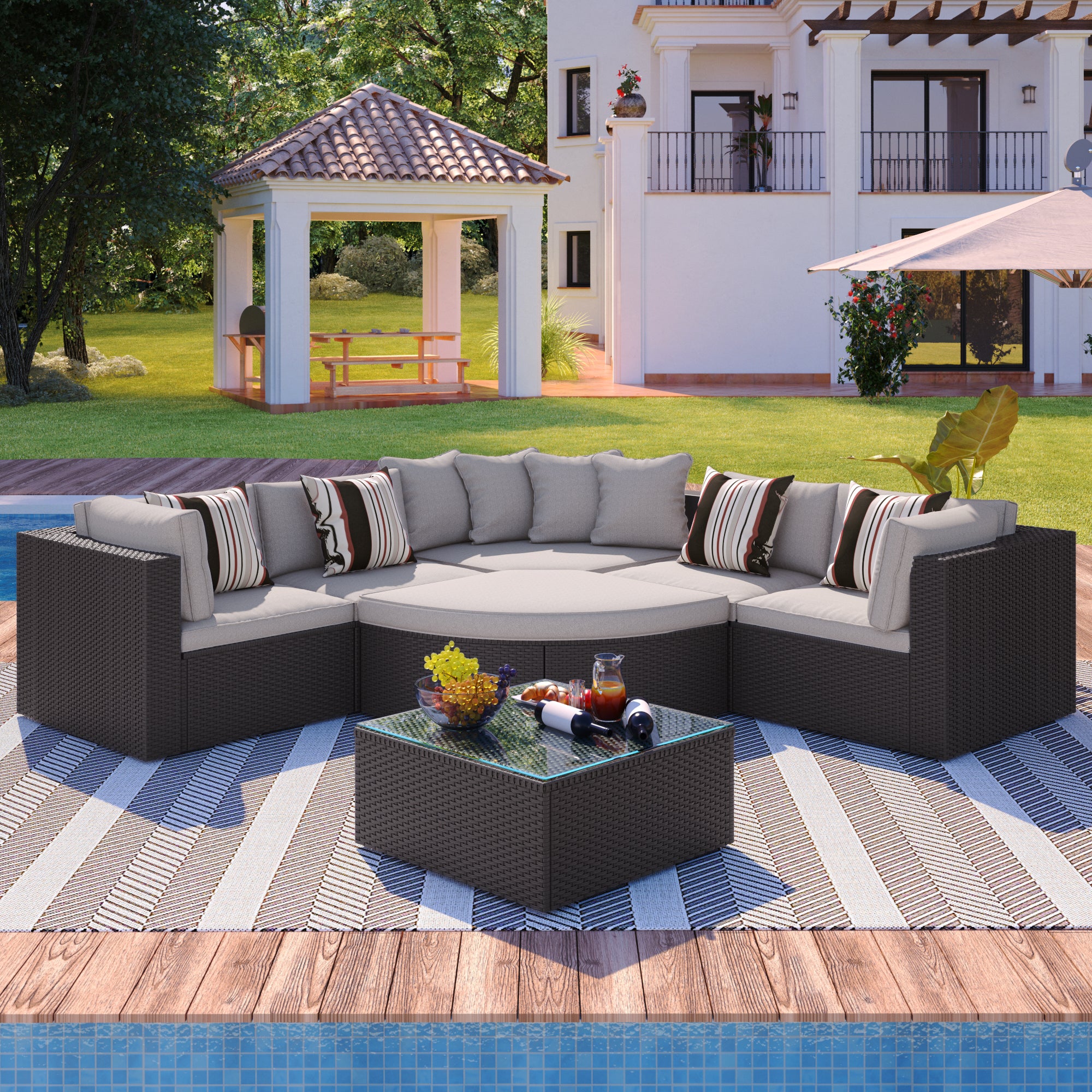 7-Piece Outdoor Wicker Sofa Set – Rattan Patio Furniture with Colorful Pillows