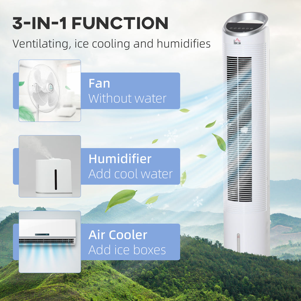 40" Portable Oscillating Air Cooler Fan For Home Office, 3-In-1 Standing Ice Floor Fan With Humidifier, 3 Modes, 3 Speeds, 8H Timer, Remote, LED Display, White