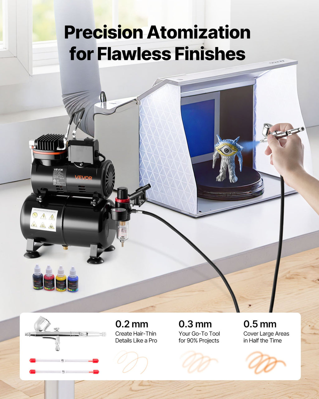 Airbrush Kit, 1/6 HP, Air Brush Kit With Air Compressor And Tank, 1 Dual-Action Professional Airbrush With 3 Tips, Acrylic Paint, Low Noise, For Cake Decorating, Model Painting, Nail Art