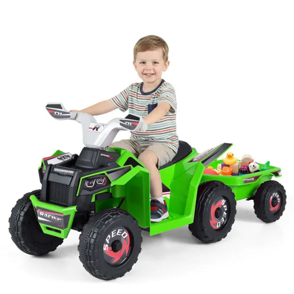 2 In 1 Kids Ride On ATV With Removable Trailer, 6V Electric Quad For Toddlers Ages 3+ Green