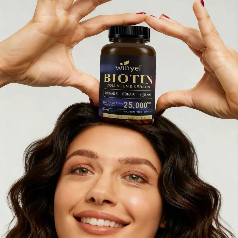 WINYEL Biotin, Collagen, Hyaluronic Acid, Keratin - Support Normal Hair Growth Cycle - Skin & Nails - 25000mcg Vitamins B1, B2, B3, B6 & B7 - For Women & Men, 60 Capsules