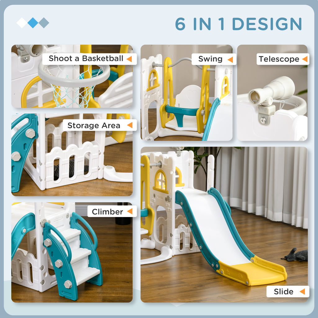 6 in 1 Toddler Slide and Swing Set Indoor for Age 1-3 Years w/ Basketball Hoop, Climber, Storage Telescope, Yellow