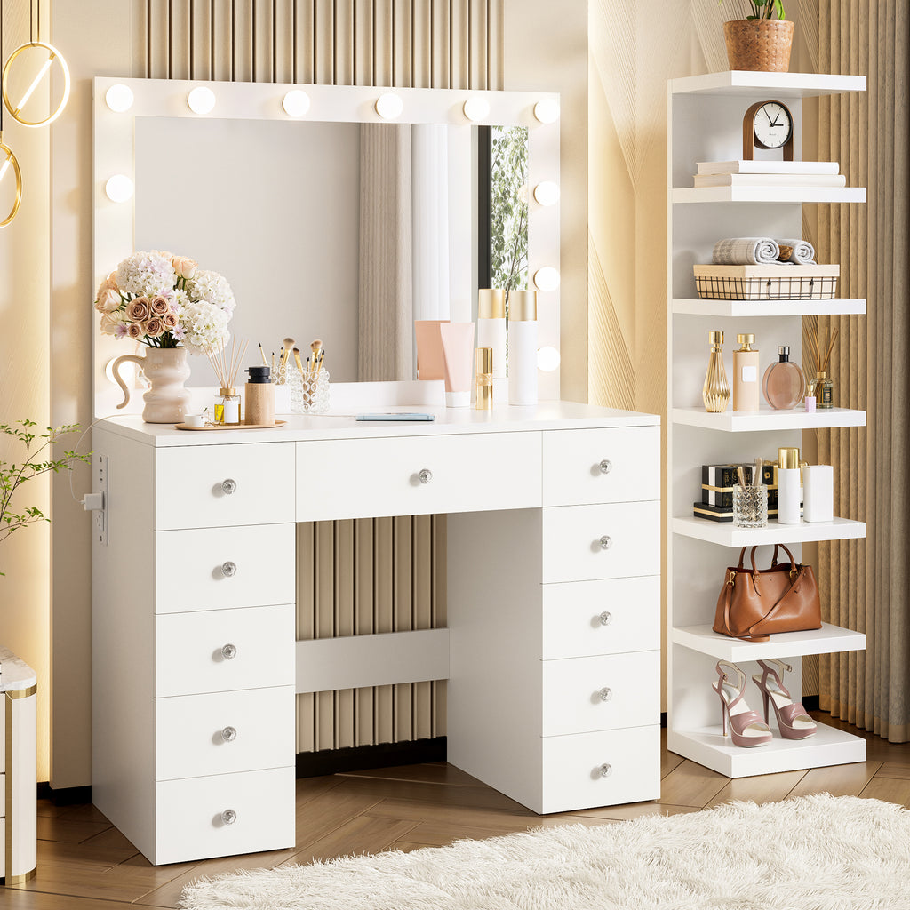 Hollywood Vanity Desk – Lighted Mirror, 11 Drawers, 7-Tier Shelf & Power Outlet