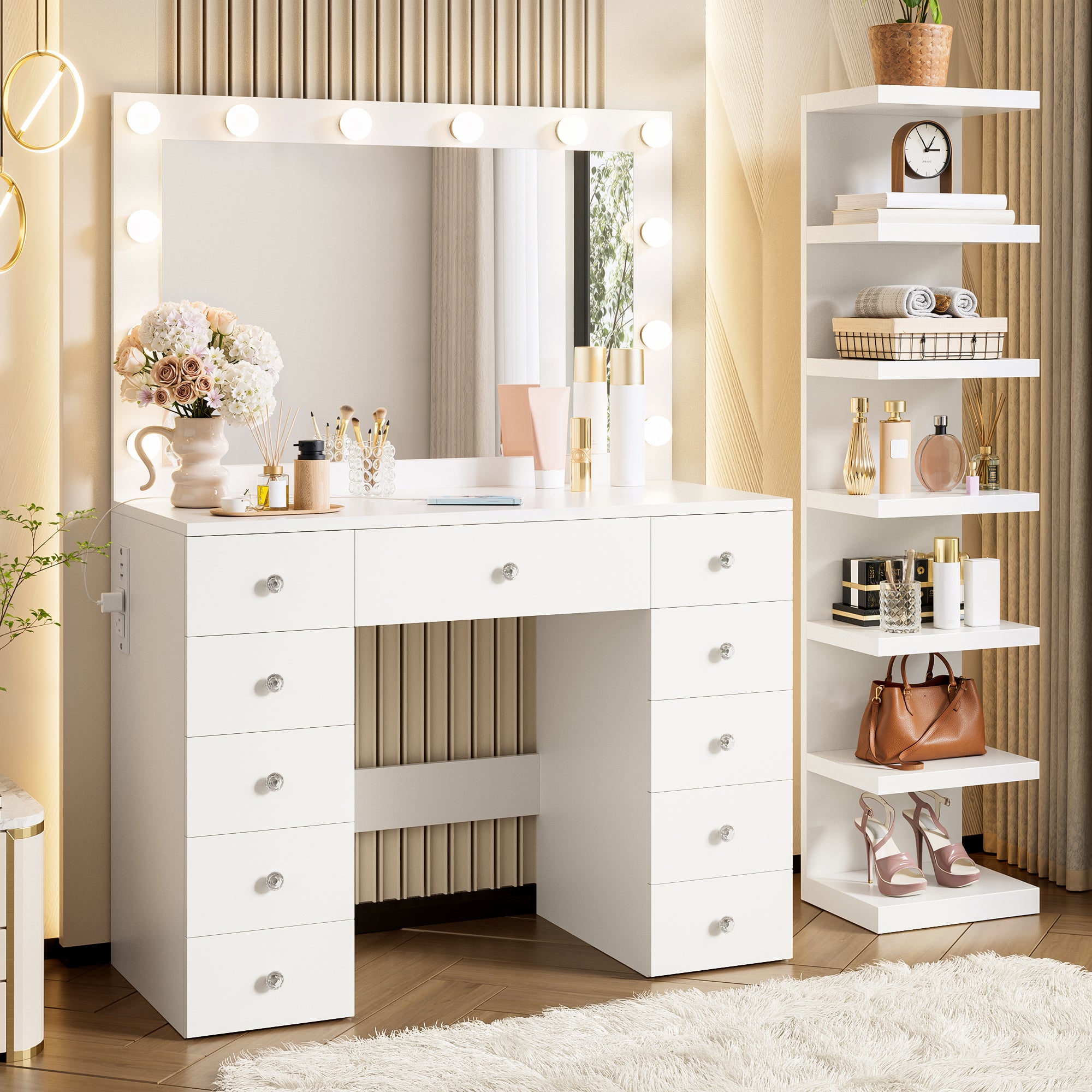 Hollywood Vanity Desk – Lighted Mirror, 11 Drawers, 7-Tier Shelf & Power Outlet