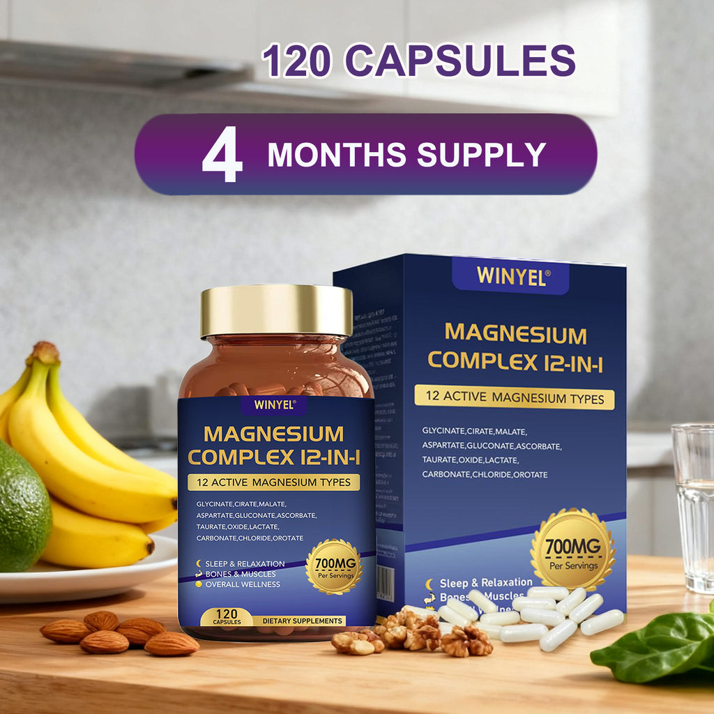 WINYEL Magnesium Complex 700mg 12 In 1 Magnesium Supplement With Glycinate, Citrate, Malate, Sleep, Calm, Muscle Relaxation, Heart Health Support, Vegan 120 Capsules