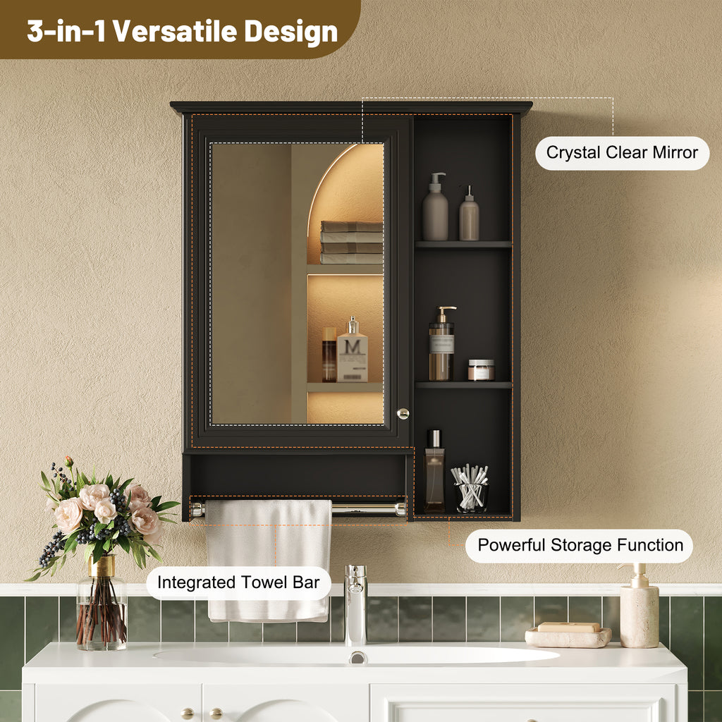 3-in-1 Bathroom Mirror Cabinet, 24-inch Wall Mounted Medicine Cabinet With Adjustable Shelf & Tower Bar, High-Definition Mirror With Storage For Bathroom Vanity