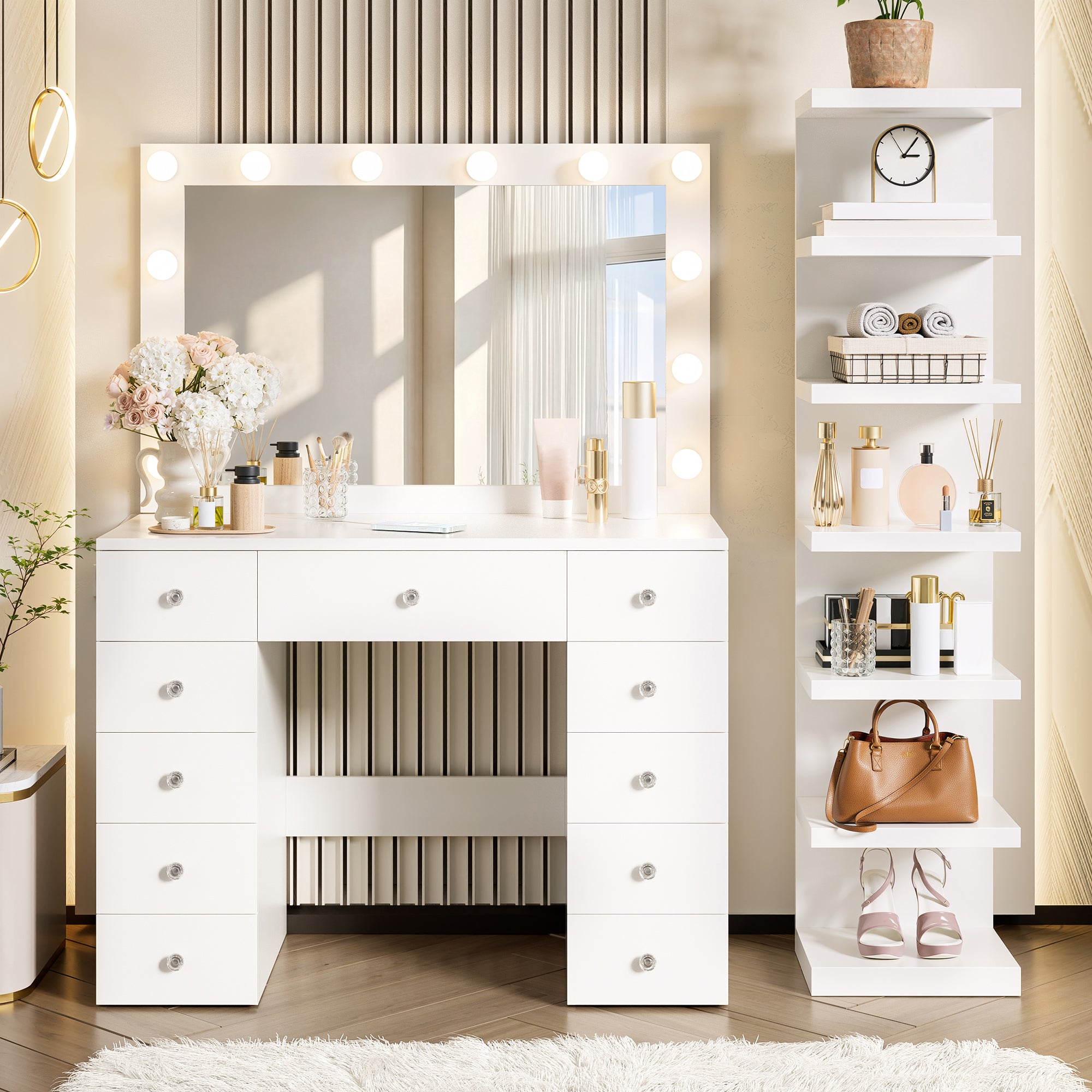 Hollywood Vanity Desk – Lighted Mirror, 11 Drawers, 7-Tier Shelf & Power Outlet