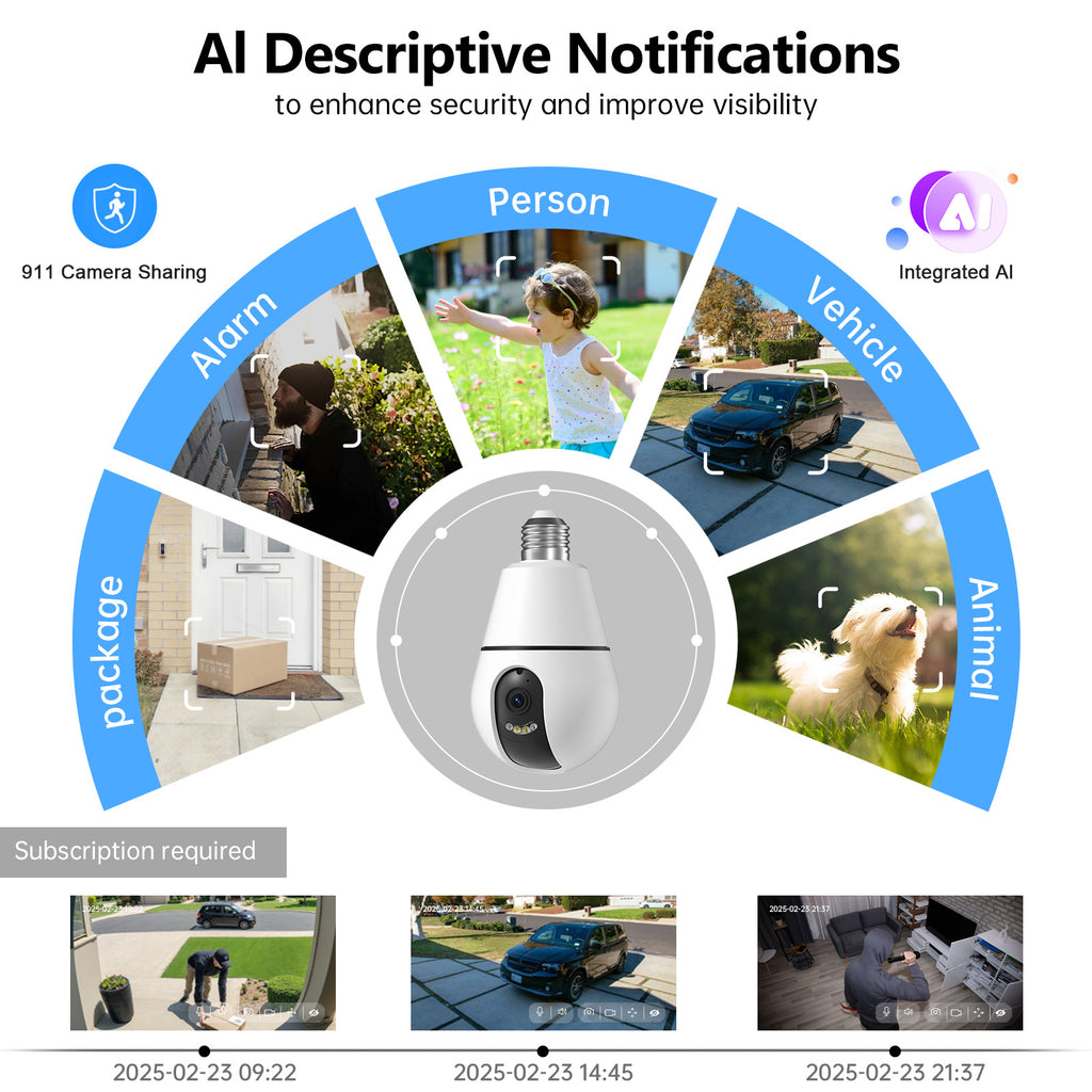 AI Detection 360 Degree HD 3MP CCTV Video Light Bulb E27 IP Wireless Mini Security Hidden Wifi Camera