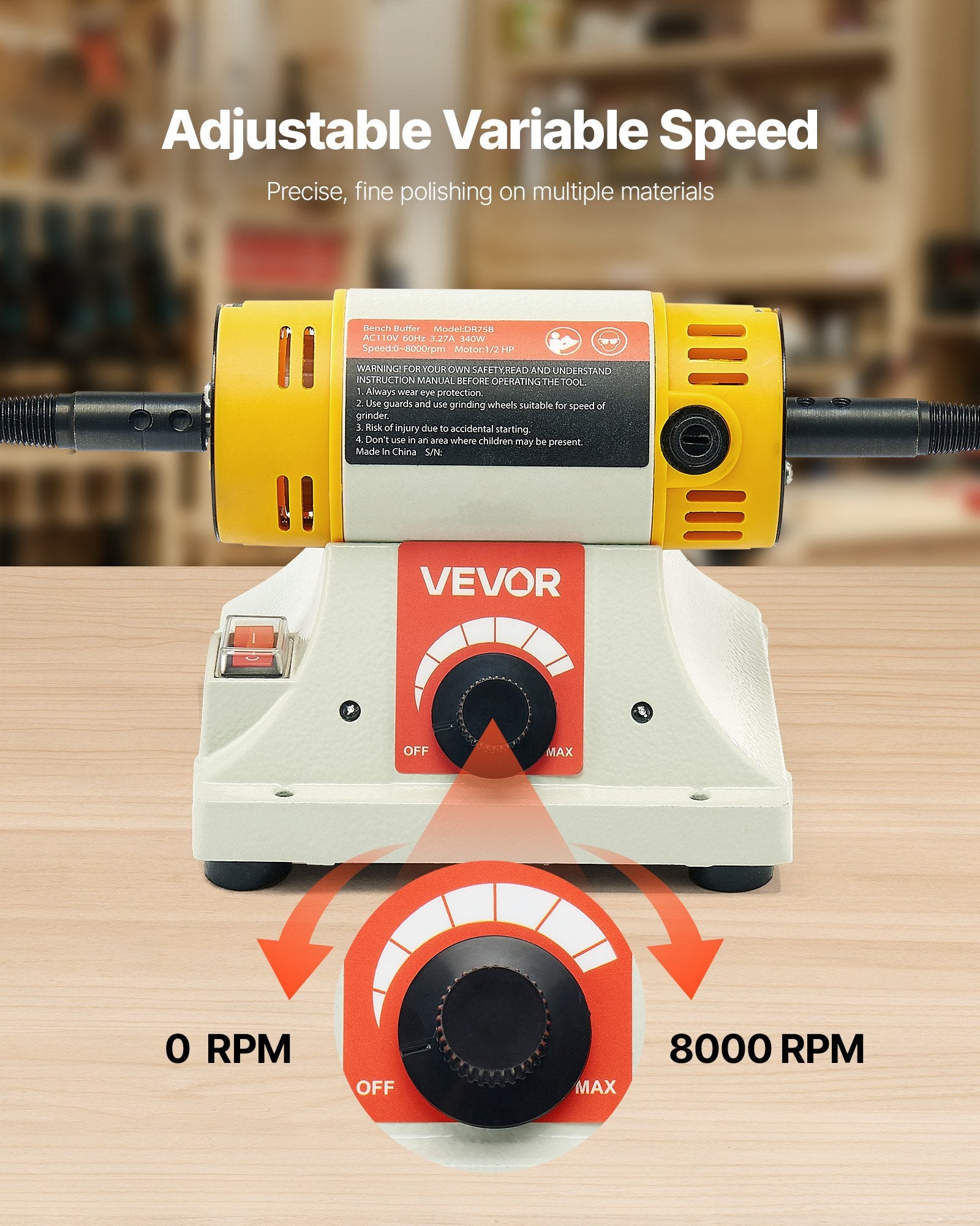 Bench Buffer Polisher, 1/2HP Polishing Buffing Machine, 0 To 8000RPM Benchtop Polisher Grinder With 4" Cloth Wheel, 3" Grinding Wheel & 3" Fiber Wheel For Metal, Jewelry, Wood And Plastic